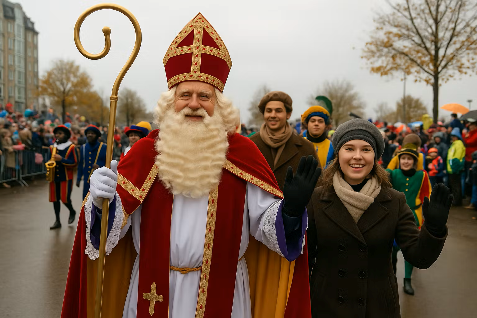 „Sinterklaas v červeno-zlatej biskupskej róbe kráča v slávnostnom sprievode, obklopený svojimi pomocníkmi a usmiatou ženou; v pozadí je vidieť dav ľudí počas holandského sprievodu.“