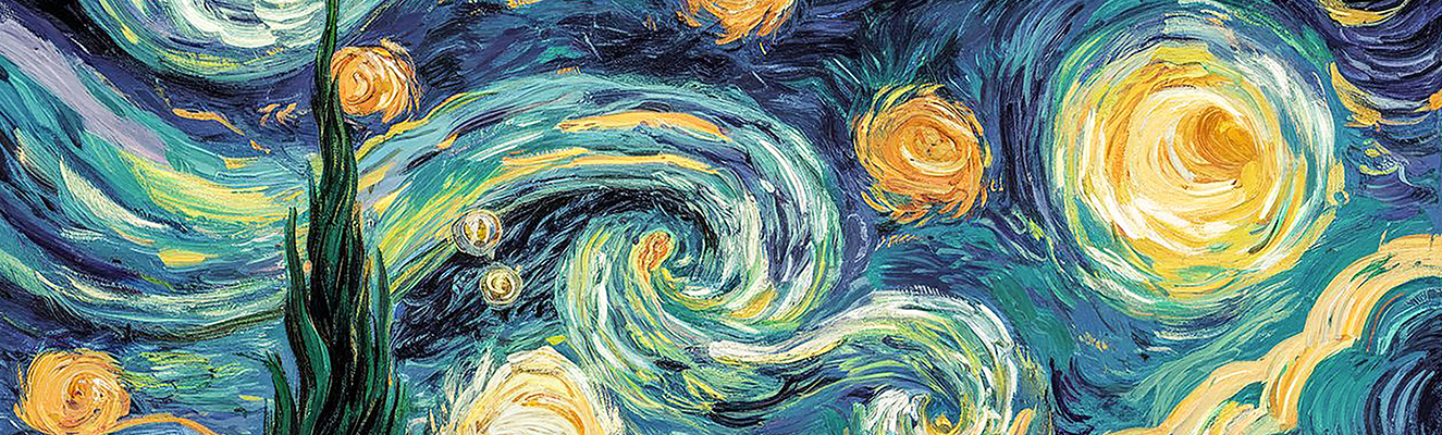 Detail slávneho obrazu „Hviezdna noc“ od Vincenta van Gogha s výraznými modrými a žltými vírivými ťahmi štetca.