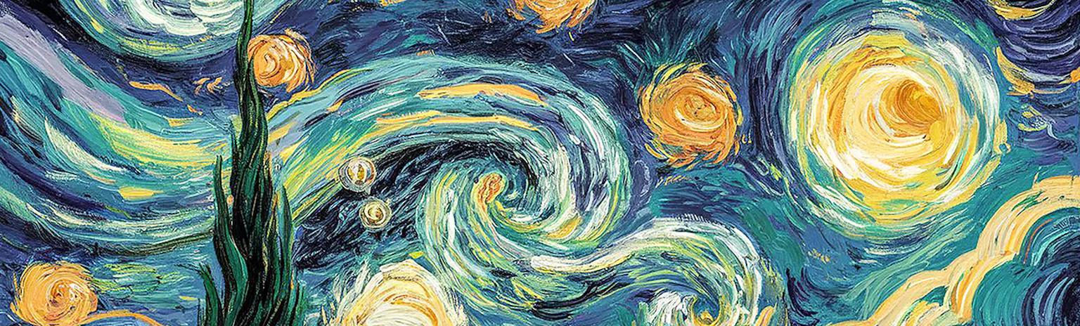 Detail slávneho obrazu „Hviezdna noc“ od Vincenta van Gogha s výraznými modrými a žltými vírivými ťahmi štetca.